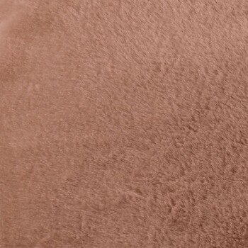 Eine Nahaufnahme von weichem, strukturiertem, hellbraunem Stoff, der an Haustierbettwäsche oder ein plüschiges Haustierzubehör erinnert.