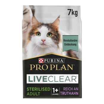 Sac de nourriture pour chats Purina Pro Plan LiveClear 7 kg avec chat à poil long ; mentions « Sterilised Adult », « LiveClear », « Reich an Truthahn ».