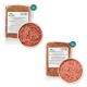 Verpackung für rohes Haustierfutter mit zwei 500g Packungen Rindfleisch und einer Schüssel mit Hackfleisch, gekennzeichnet mit 'Rind-Komplett Extra' und Nährwertangaben.