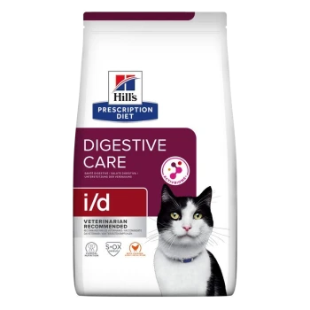Hill's Prescription Diet Digestive Care i/d Katzenfuttertüte, mit einem lila Design und den Etiketten "Vom Tierarzt empfohlen" und "ActivBiome+".