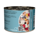 Katzenfutterdose mit Bild von Garnelen, Fisch, Kürbis und Himbeeren, QR-Code und Fütterungshinweisen.
