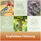 Blaumeisen an Knödelspendern, Collage mit Symbolen und deutschem Text 'Knödelspender reinigen' und 'Empfohlene Fütterung'.