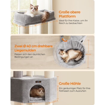 Grauer Kratzbaum mit zwei Katzen im oberen Bett und in der Höhle; sichtbarer deutscher Text: „Große obere Plattform“, „Große Höhle“.