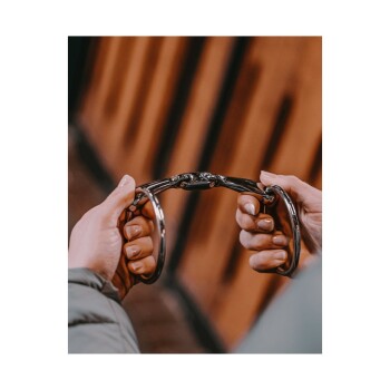 Eine Person hält einen glänzenden, metallenen Pferdegebiss mit beiden Händen, das sein filigranes Design vor einem verschwommenen Holz-Hintergrund zeigt.