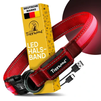 Rotes LED-Hundehalsband von Tierhood mit USB-Ladekabel, mit schwarzer Schnalle und reflektierendem Streifen, angezeigt mit Farboptionen darunter.