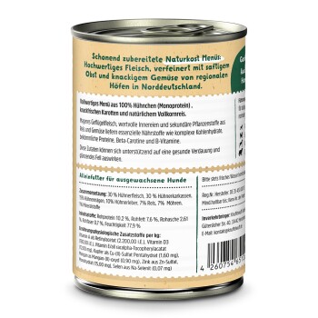Dose Hundefutter mit der Aufschrift "Vollwertiges Menü aus 100% Hühnen" mit Zutaten und Nährwertinformationen auf Deutsch.