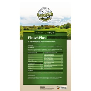 Etikett für Bellfor Premium Pur FleischPlus Hundefutter, mit Nährwertinformationen, Zutaten und einem malerischen Hintergrund.