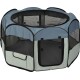 Portabler Haustierspielplatz in Blau und Grau, mit Netzseiten für Sichtbarkeit und Belüftung, mit einem Reißverschluss-Eingang und Herzdesign.
