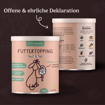 Veganer Haustierergänzungsbehälter mit der Aufschrift 'Futtertopping Haut & Fell', mit einem Cartoon-Hund und einem Lutscher, sowie Zutatenangaben an der Seite.