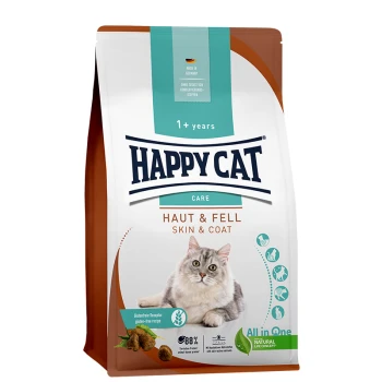Happy Cat Care Katzenfutterbeutel, beschriftet mit 'Haut & Fell Skin & Coat', geeignet für Katzen ab 1 Jahr, mit einer flauschigen grauen Katze auf der Vorderseite.