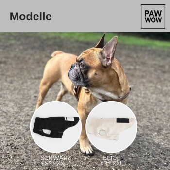 Ein Französischer Bulldogge in einem Geschirr im Freien, mit zwei Geschirrmodellen darunter: schwarz "SCHWARZ XS-XXL" und beige "BEIGE XS-XXL." Logo "PAW WOW" sichtbar.