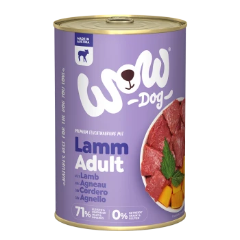 Dose "WOW-Dog" Hundefutter mit Lamm, mit einem lila Design, 71% Fleisch und 0% Getreide und Gluten.