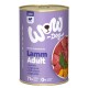 Nourriture pour chiens en conserve "WOW-Dog" avec de l'agneau, présentant un design violet, 71% de viande, et 0% de céréales et de gluten.