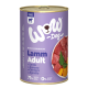 Dose "WOW-Dog" Hundefutter mit Lamm, mit einem lila Design, 71% Fleisch und 0% Getreide und Gluten.