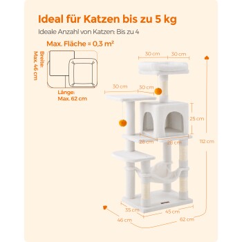 Katzenbaum für Katzen bis zu 5 kg, Abmessungen beschriftet: Höhe 112 cm, Basis 46 cm x 62 cm, ideal für bis zu 4 Katzen.