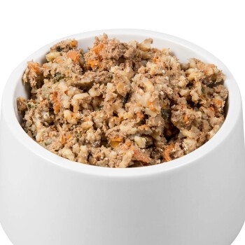 Eine weiße Futterschüssel für Haustiere, gefüllt mit einer Mischung aus fein gehacktem Fleisch und Gemüse, die wie Nassfutter für Hunde oder Katzen aussieht.