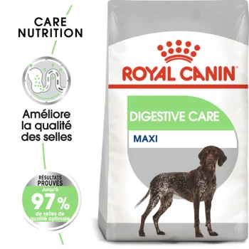 Sac de nourriture pour chien Royal Canin Digestive Care présentant une silhouette de chien marron, avec un texte mettant en avant l'amélioration de la qualité des selles et des résultats prouvés.