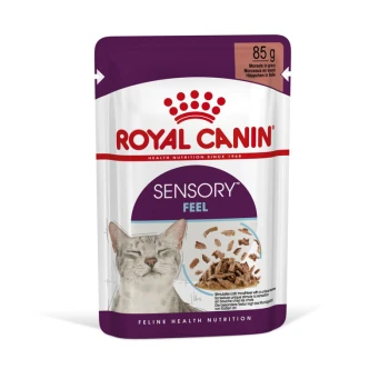Royal Canin Sensory Feel kattenvoer zakje, 85g, met een blije kattengezicht, met stukjes in jus en tekst die de voeding voor katten benadrukt.