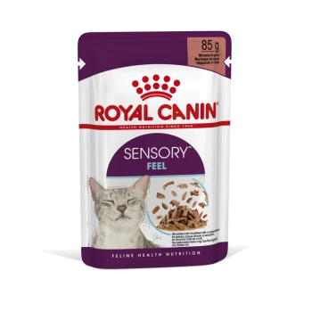 Royal Canin Sensory Feel kattenvoer zakje, 85g, met een blije kattengezicht, met stukjes in jus en tekst die de voeding voor katten benadrukt.