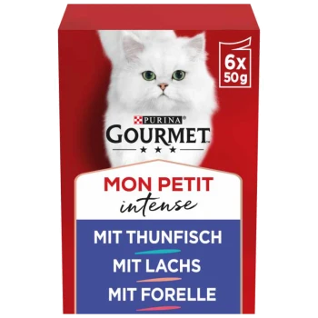 Verpackung von Purina Gourmet Mon Petit Intense Katzenfutter mit einer weißen Katze, mit Geschmacksrichtungen: Thunfisch, Lachs und Forelle.