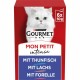 Verpackung von Purina Gourmet Mon Petit Intense Katzenfutter mit einer weißen Katze, mit Geschmacksrichtungen: Thunfisch, Lachs und Forelle.