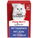 Verpackung von Purina Gourmet Mon Petit Intense Katzenfutter mit einer weißen Katze, mit Geschmacksrichtungen: Thunfisch, Lachs und Forelle.