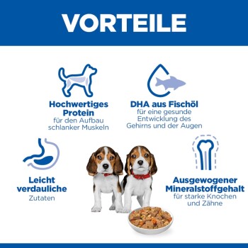 Zwei Beagle-Welpen mit Trockenfutter unter der Überschrift 'VORTEILE'; sichtbarer deutscher Text: Hochwertiges Protein, DHA aus Fischöl.