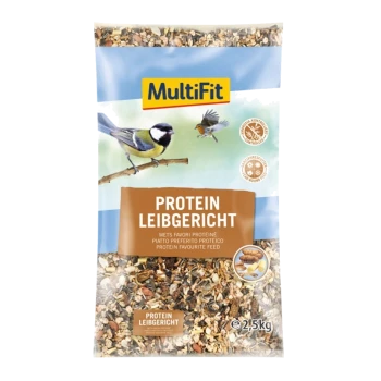 A 2.5 kg bag of MultiFit protein bird feed featuring a colorful design with a great tit and robin on a branch, labeled "Protein Leibgericht."