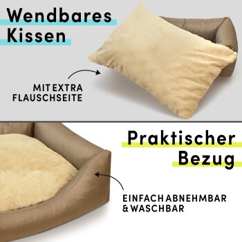 Wendbares Kissen für Haustiere mit flauschiger Seite, abnehmbarer und waschbarer Bezug, beschriftet mit "Praktischer Bezug".