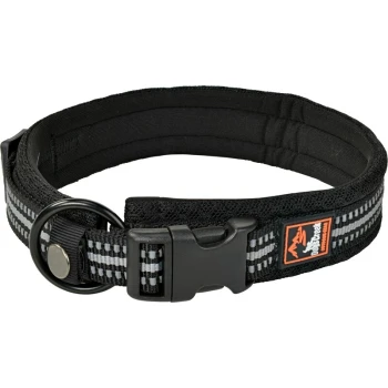 Halsband Voyager schwarz S Schwarzes Hundehalsband mit reflektierenden Streifen, verstellbarem Schnallenverschluss und Metall-D-Ring zur Leinenbefestigung.
