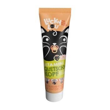 Lucky Lou Kätzchen-Vitaminpaste in Tube mit Katzenkopf-Design, gegen Haarballen, Vitaminboost und Malzcreme-Text.