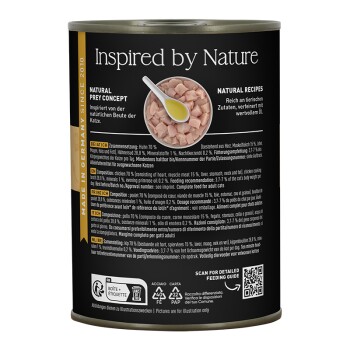 Dose Inspired by Nature Katzenfutter mit natürlichem Beutetiere-Konzept, natürlichen Rezepturen und Details zur Hühnerzusammensetzung.
