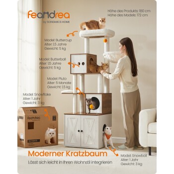 Moderner Katzenbaum mit mehreren Ebenen, mit vier Katzen: Buttercup, Butterball, Pluto und Snowflake. Enthält Produktdetails und eine Pappschachtel.
