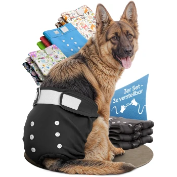 Schwarze Haustierwindeln im 3er-Pack, mit verstellbaren Riemen und Druckknöpfen, mit einem Etikett, das "3x JUSTIERBAR DEUTSCHE MARKE" liest.
