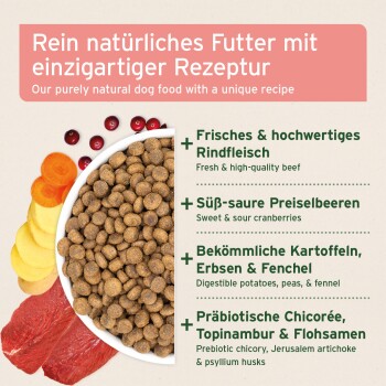 Hundefutter-Schüssel mit Kroketten, Rind, Cranberries, Kartoffeln und Karotten; deutsche Überschrift „Rein natürliches Futter...“.