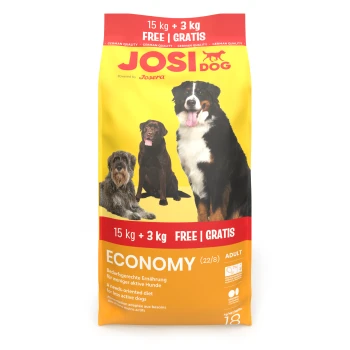 JosiDog Economy Hundefutterbeutel für erwachsene Hunde, 18 kg, mit Bildern von drei Hunden und Text „15 kg + 3 kg gratis | gratis“.