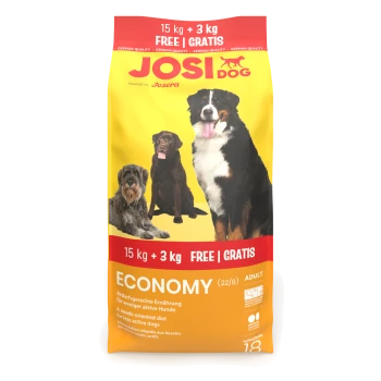 JosiDog Economy Hundefutterbeutel für erwachsene Hunde, 18 kg, mit Bildern von drei Hunden und Text „15 kg + 3 kg gratis | gratis“.