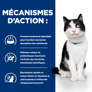 Chat noir et blanc assis à côté d'un texte en français décrivant les bienfaits digestifs et nutritionnels de la nourriture pour animaux.