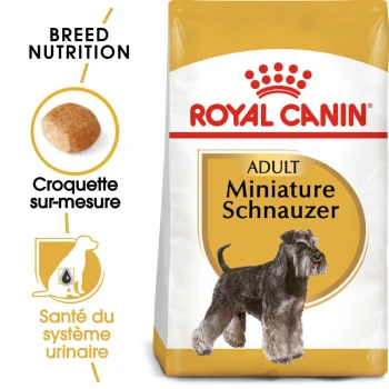 Sac de nourriture pour chien Royal Canin Adult Miniature Schnauzer avec une illustration de Schnauzer, avec un texte sur la nutrition de la race et la santé urinaire.