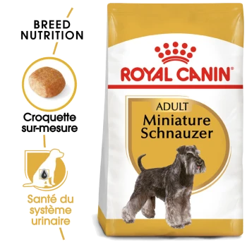 Sac de nourriture pour chien Royal Canin Adult Miniature Schnauzer avec une illustration de Schnauzer, avec un texte sur la nutrition de la race et la santé urinaire.