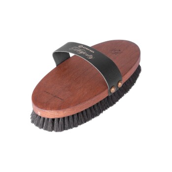 Eine Holzpferdebürste mit einem schwarzen Ledergriff, mit dem Text "4 Horses Majesty" und "Made in Germany."