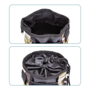 Tarnmuster-Haustierleckerlitasche mit Kordelzugverschluss, die das Innere und die Draufsicht zeigt, entworfen für einfachen Zugang und Tragbarkeit.