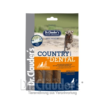 Dr. Clauder's Country Dental Snack für mittelgroße Hunde, mit Logo zur Zahnpflege und zweisprachigem Text über die tägliche Pflege und Enten-Geschmack.