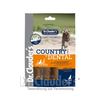 Dr. Clauder's Country Dental Snack für mittelgroße Hunde, mit Logo zur Zahnpflege und zweisprachigem Text über die tägliche Pflege und Enten-Geschmack.