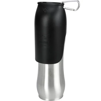 A stainless steel pet water bottle with a black plastic top and a carabiner clip, featuring the "Dog Creek" logo.