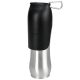 A stainless steel pet water bottle with a black plastic top and a carabiner clip, featuring the "Dog Creek" logo.