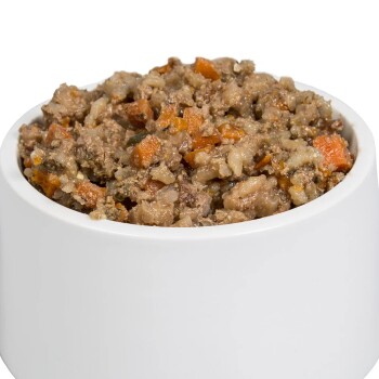 Eine weiße Haustierschüssel, gefüllt mit einer Mischung aus feuchtem Hundefutter, mit Fleischstücken und kleinen Stücken orangefarbener Gemüse.
