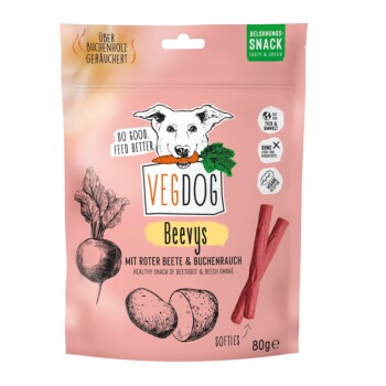 Verpackung für Vegdog Beevys, einen pflanzlichen Hundesnack aus Rote Beete und Buchenrauch, mit einem rosa Hintergrund und Illustrationen von Rüben.