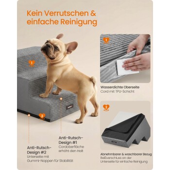 Französische Bulldogge auf grauer Haustiertreppe mit abnehmbarem, waschbarem Bezug; sichtbarer deutscher Text ‚Kein Verrutschen‘.