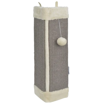 Grijze kattenkrabpaal met een pluche top en een hangend pompon-speeltje, ontworpen voor kattenplezier en krabben.
